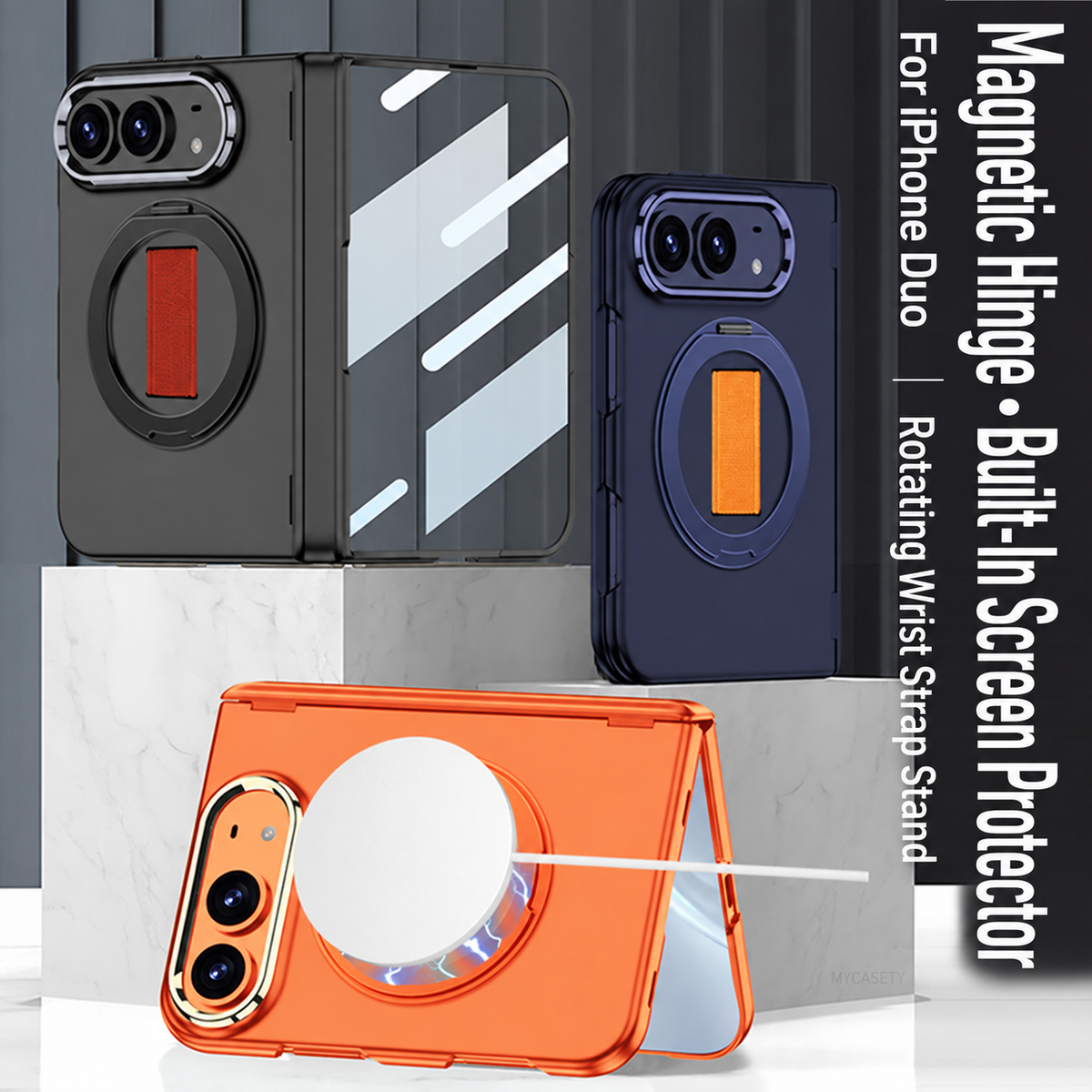 iPhone Duo - Magnetic Hinge Protection Fashion Cover Built-in Tempered Glass Film & Magnetic Kickstand & Finger Wristband