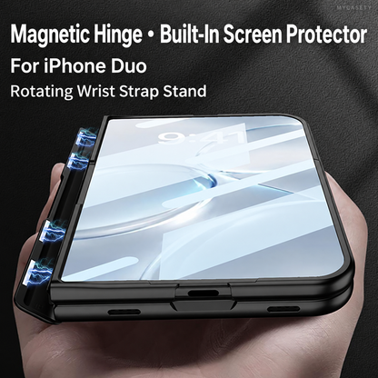 iPhone Duo - Magnetic Hinge Protection Fashion Cover Built-in Tempered Glass Film & Magnetic Kickstand & Finger Wristband