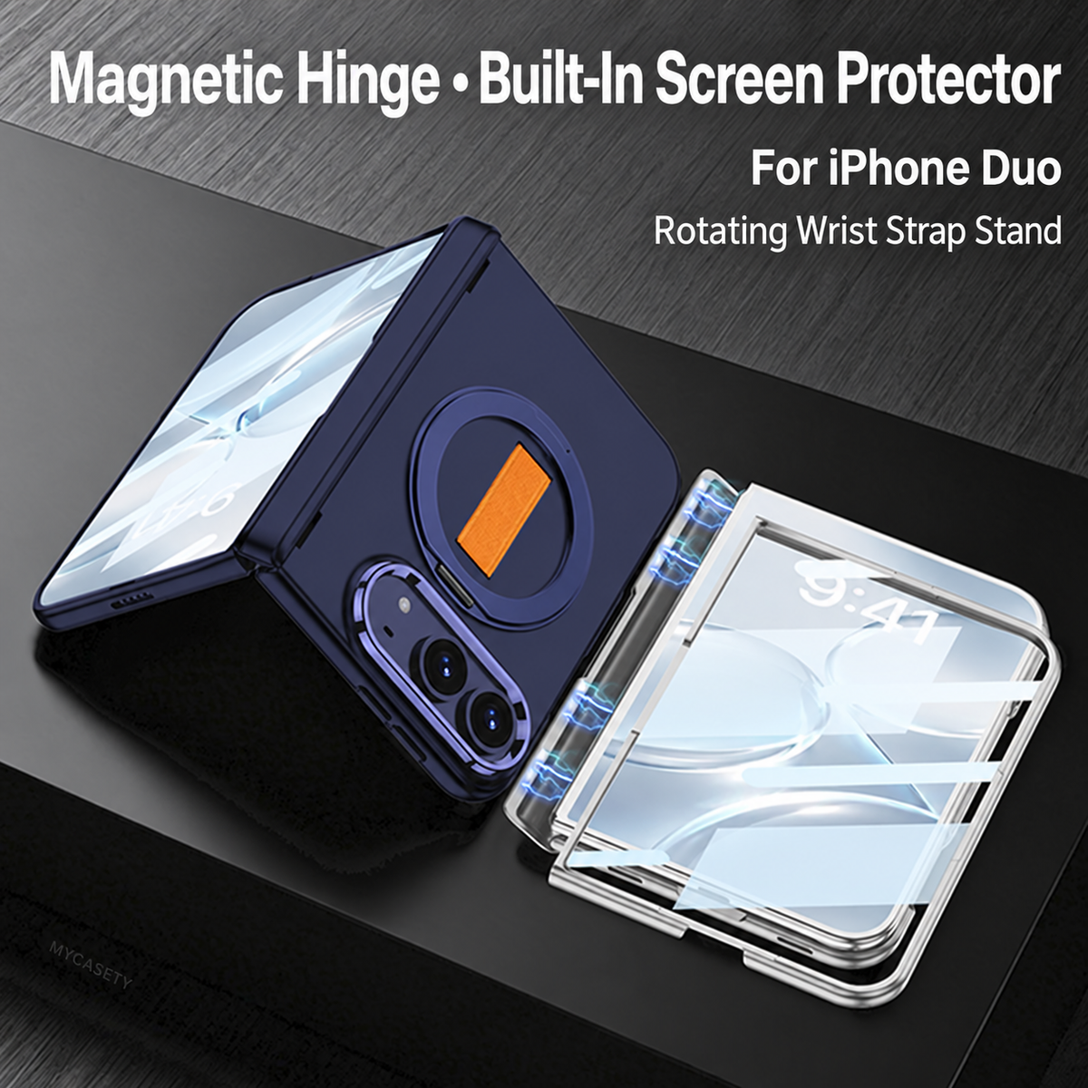 iPhone Duo - Magnetic Hinge Protection Fashion Cover Built-in Tempered Glass Film & Magnetic Kickstand & Finger Wristband
