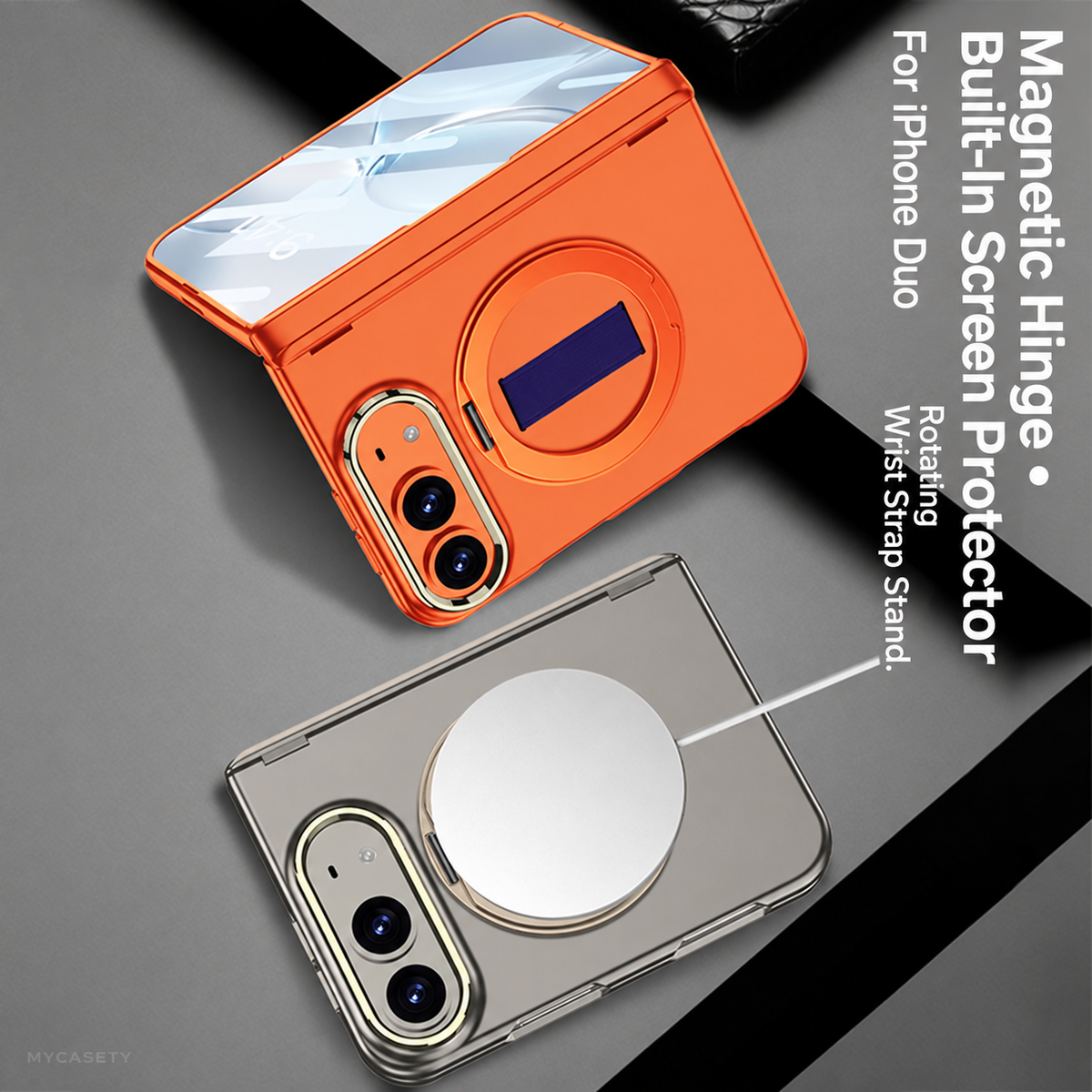 iPhone Duo - Magnetic Hinge Protection Fashion Cover Built-in Tempered Glass Film & Magnetic Kickstand & Finger Wristband