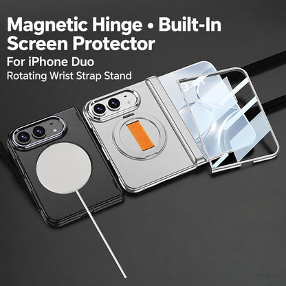 iPhone Duo - Magnetic Hinge Protection Fashion Cover Built-in Tempered Glass Film & Magnetic Kickstand & Finger Wristband