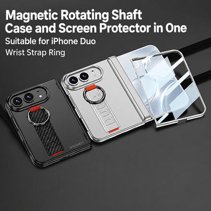 iPhone Duo - Magnetic Hinge Protection Cover Built-in Tempered Glass Film & Wrist Strap with Finger Ring Grip