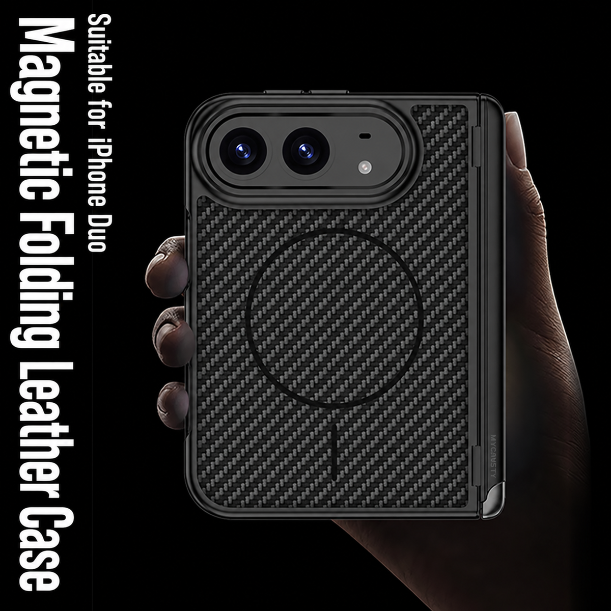 iPhone Duo - Magnetic Hinge Protection Leather Cover Built-in Tempered Glass Film & Tri‑Fold Kickstand & Magnetic Ring