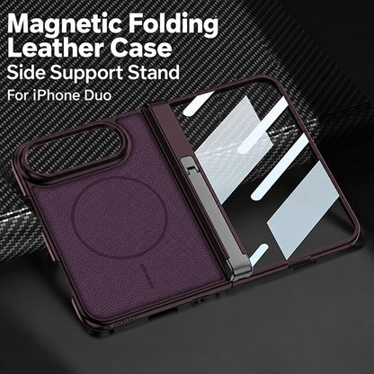 iPhone Duo - Magnetic Hinge Protection Leather Cover Built-in Tempered Glass Film & Tri‑Fold Kickstand & Magnetic Ring