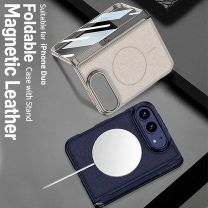 iPhone Duo - Magnetic Hinge Protection Leather Cover Built-in Tempered Glass Film & Tri‑Fold Kickstand & Magnetic Ring