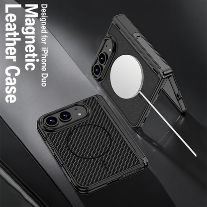 iPhone Duo - Magnetic Hinge Protection Leather Cover Built-in Tempered Glass Film & Tri‑Fold Kickstand & Magnetic Ring