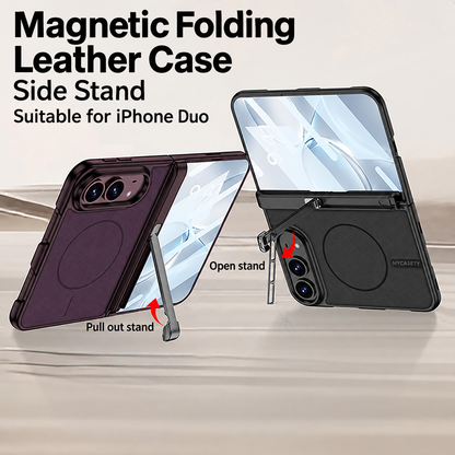 iPhone Duo - Magnetic Hinge Protection Leather Cover Built-in Tempered Glass Film & Tri‑Fold Kickstand & Magnetic Ring