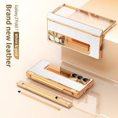 Aluminum Alloy Frame Magnetic Bracket All-Inclusive Electroplating Leather Cover For Galaxy Z Fold 7/6/5/4/3
