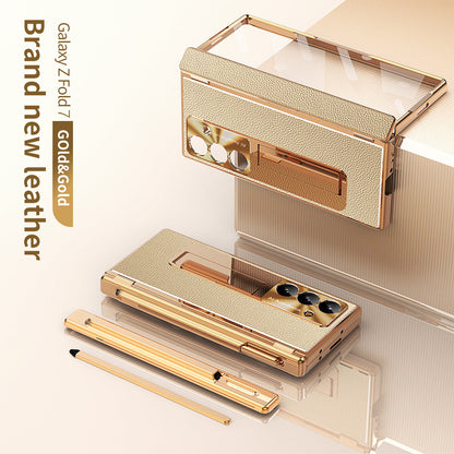 Aluminum Alloy Frame Magnetic Bracket All-Inclusive Electroplating Leather Cover For Galaxy Z Fold 7/6/5/4/3