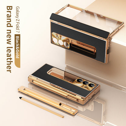 Aluminum Alloy Frame Magnetic Bracket All-Inclusive Electroplating Leather Cover For Galaxy Z Fold 7/6/5/4/3