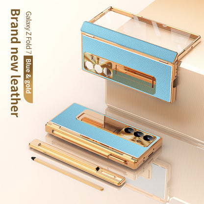 Aluminum Alloy Frame Magnetic Bracket All-Inclusive Electroplating Leather Cover For Galaxy Z Fold 7/6/5/4/3