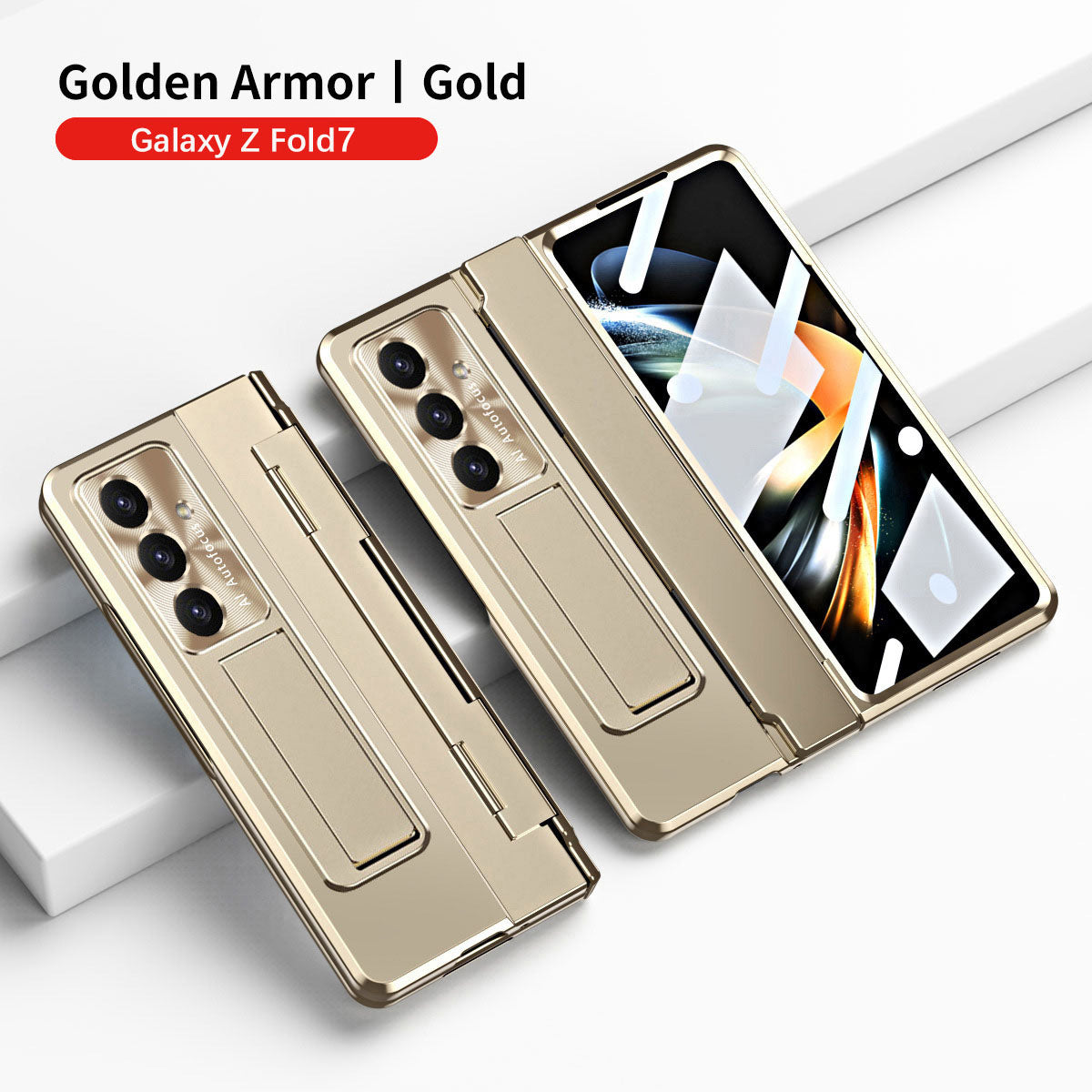 Golden Armor Hinge Magnetic Bracket Protective Phone Case With Front Protection Film For Galaxy Z Fold 7/6/5/4/3