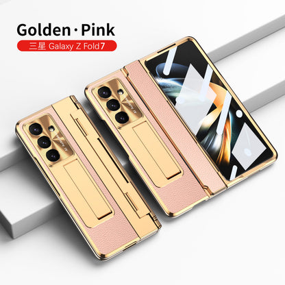 Luxury Leather Magnetic Bracket Shell Electroplated Phone Case For Galaxy Z Fold 7/6/5/4/3 With Back Screen Glass