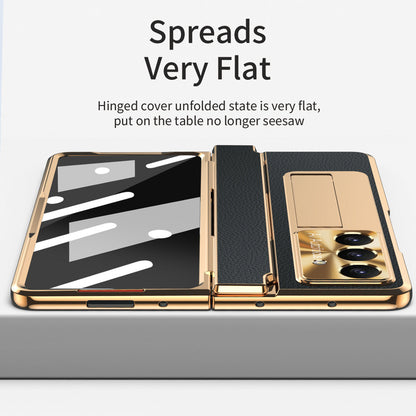 Luxury Leather Magnetic Bracket Shell Electroplated Phone Case For Galaxy Z Fold 7/6/5/4/3 With Back Screen Glass