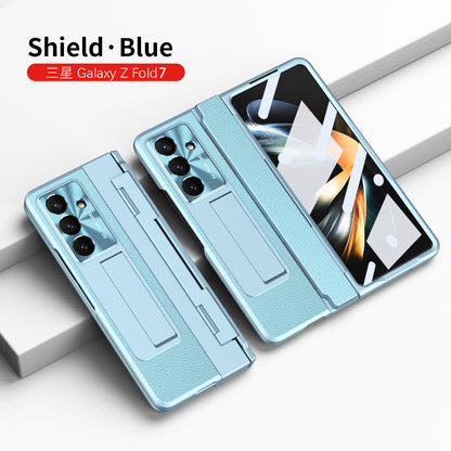 Luxury Leather Magnetic Bracket Shell Electroplated Phone Case For Galaxy Z Fold 7/6/5/4/3 With Back Screen Glass