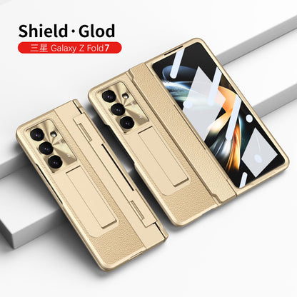 Luxury Leather Magnetic Bracket Shell Electroplated Phone Case For Galaxy Z Fold 7/6/5/4/3 With Back Screen Glass