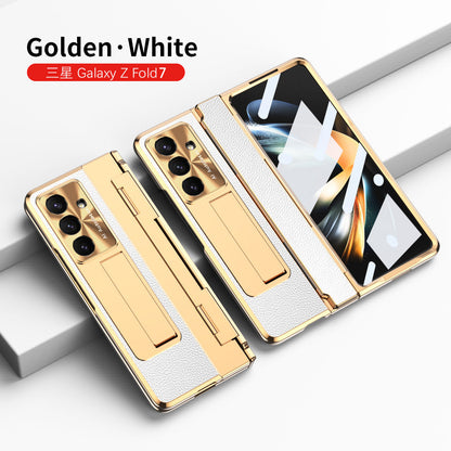 Luxury Leather Magnetic Bracket Shell Electroplated Phone Case For Galaxy Z Fold 7/6/5/4/3 With Back Screen Glass