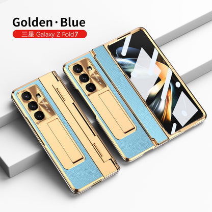 Luxury Leather Magnetic Bracket Shell Electroplated Phone Case For Galaxy Z Fold 7/6/5/4/3 With Back Screen Glass