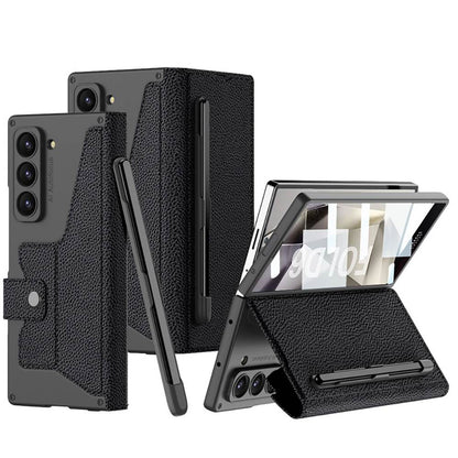 Magnetic Buckle Armor Leather Wallet Bracket S Pen Slot Integrated Film Case for Galaxy Z Fold6