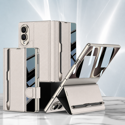 Galaxy Z Fold 8 Luxurious Leather Folio Case with Built-In Tempered Glass & Pen Holder