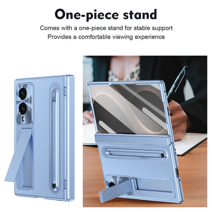 Golden Electroplated Leather Phone Case With Built-in Tempered Glass & Stylus For Galaxy Z Fold 8/7/6/5/4 Wide Ultra