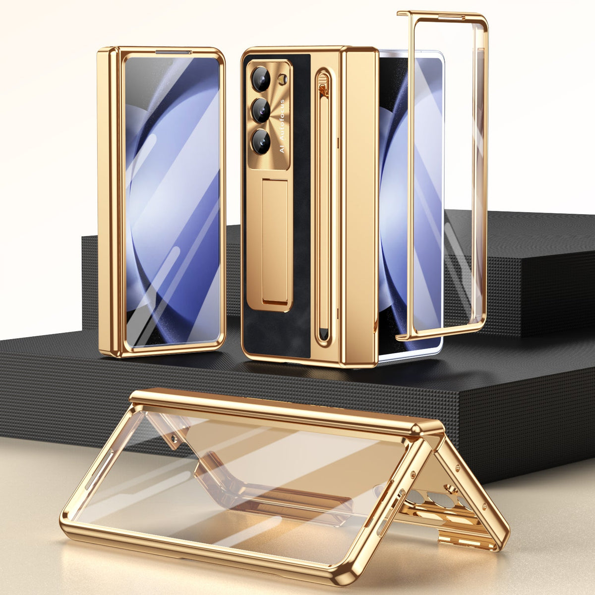 Leather Golden Electroplated Phone Case With Back Screen Glass and Stylus For Galaxy Z Fold 8/7/6/5/4