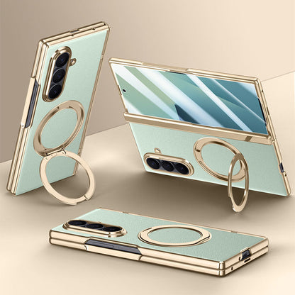 Luxurious Leather Golden Plating Phone Case with Built-In Tempered Glass & Magnetic Bracket For  Galaxy Z Fold8 Wide Ultra