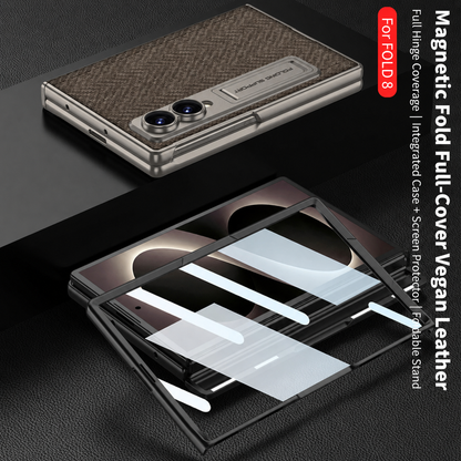 Luxurious Leather Phone Case with Built-In Tempered Glass & Bracket For Galaxy Z Fold 8/7 Wide Ultra