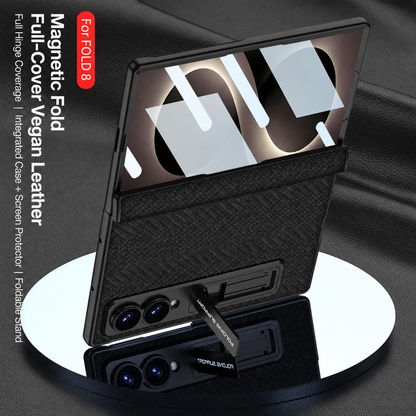 Luxurious Leather Phone Case with Built-In Tempered Glass & Bracket For Galaxy Z Fold 8/7 Wide Ultra