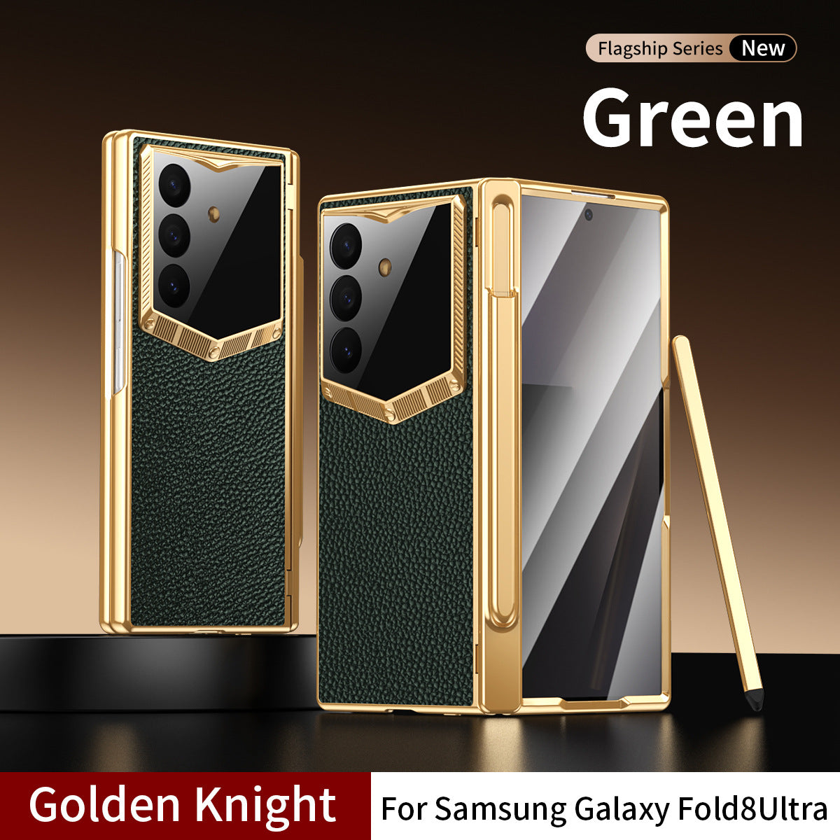 Leather Case For Galaxy Z Fold8/7/6 Ultra ¨C Golden Plating Frame, Built-In Tempered Glass Film & Pen Box