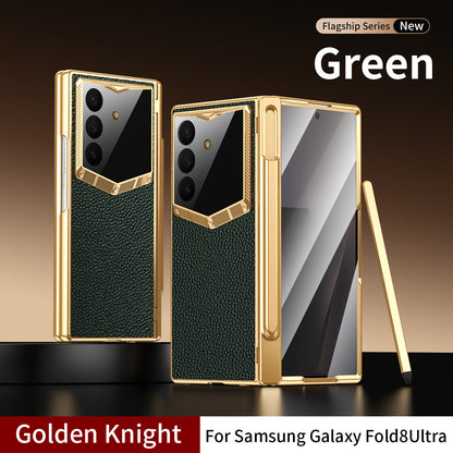 Leather Case For Galaxy Z Fold8/7/6 Ultra ¨C Golden Plating Frame, Built-In Tempered Glass Film & Pen Box