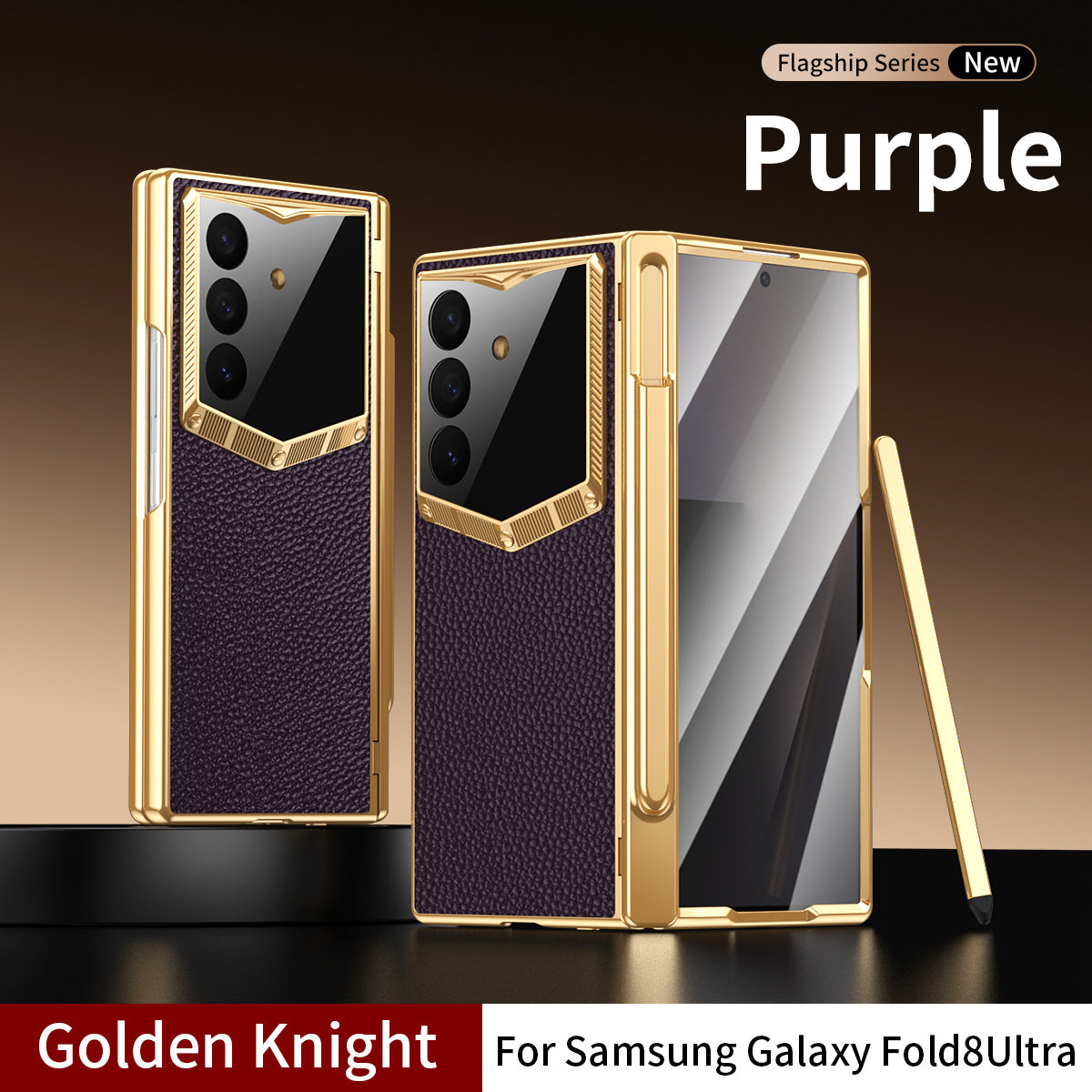 Leather Case For Galaxy Z Fold8/7/6 Ultra ¨C Golden Plating Frame, Built-In Tempered Glass Film & Pen Box
