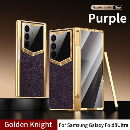 Leather Case For Galaxy Z Fold8/7/6 Ultra ¨C Golden Plating Frame, Built-In Tempered Glass Film & Pen Box