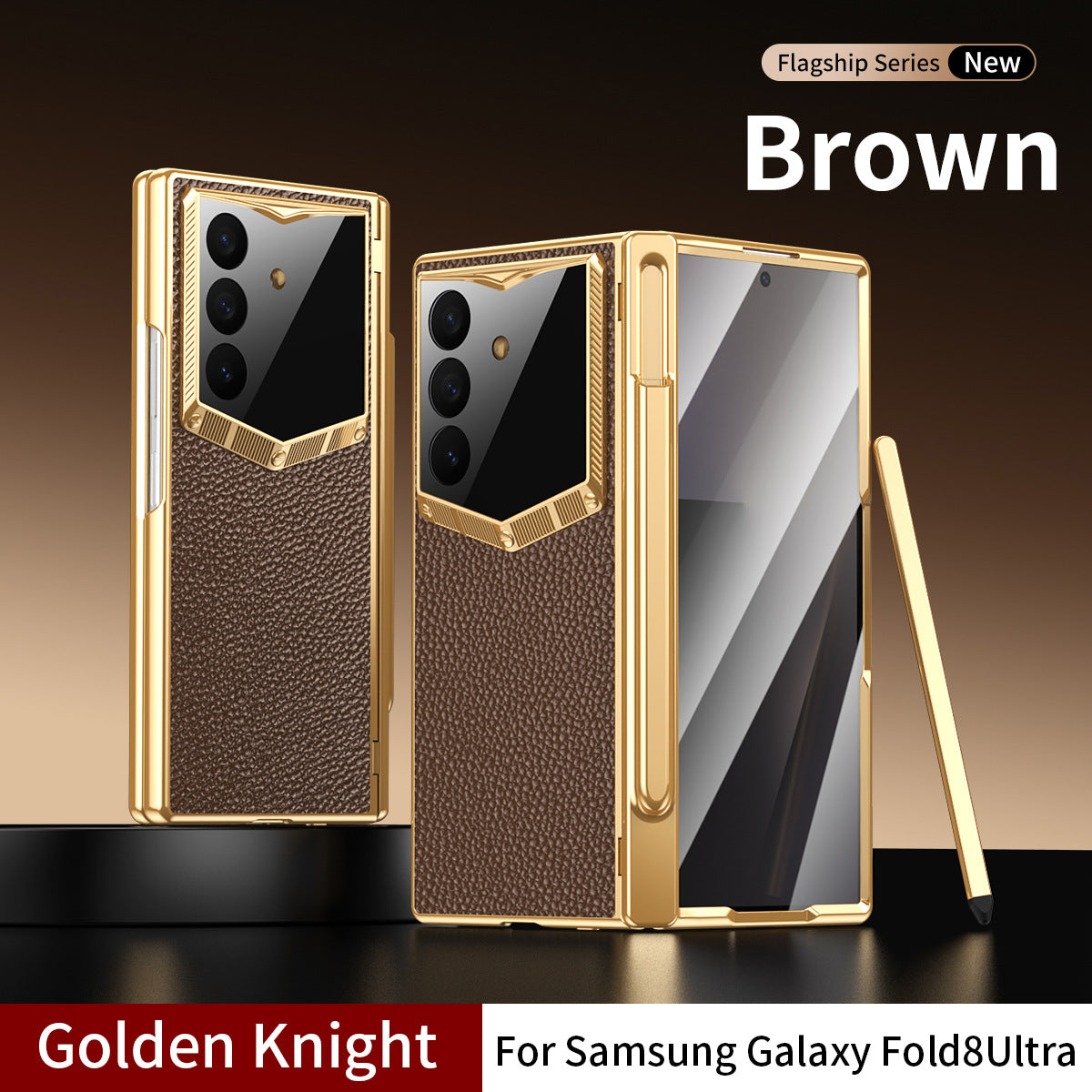 Leather Case For Galaxy Z Fold8/7/6 Ultra ¨C Golden Plating Frame, Built-In Tempered Glass Film & Pen Box