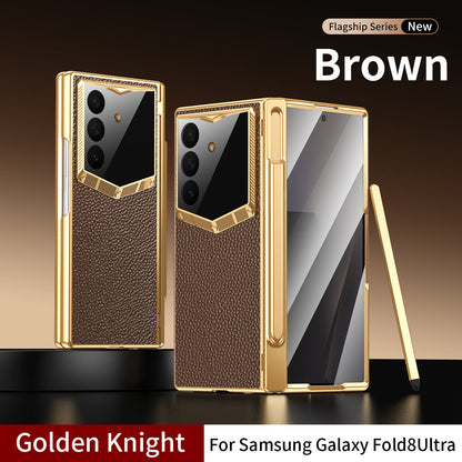 Leather Case For Galaxy Z Fold8/7/6 Ultra ¨C Golden Plating Frame, Built-In Tempered Glass Film & Pen Box