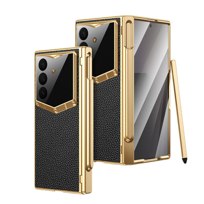 Leather Case For Galaxy Z Fold8/7/6 Ultra ¨C Golden Plating Frame, Built-In Tempered Glass Film & Pen Box