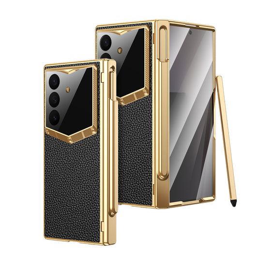 Leather Case For Galaxy Z Fold8/7/6 Ultra ¨C Golden Plating Frame, Built-In Tempered Glass Film & Pen Box