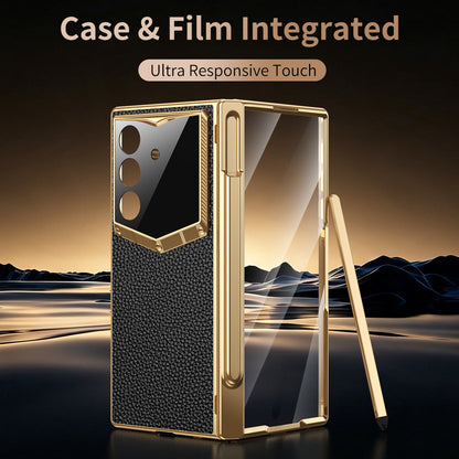 Leather Case For Galaxy Z Fold8/7/6 Ultra ¨C Golden Plating Frame, Built-In Tempered Glass Film & Pen Box