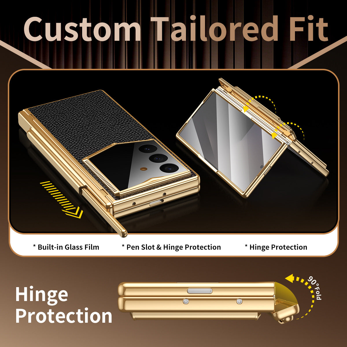 Leather Case For Galaxy Z Fold8/7/6 Ultra ¨C Golden Plating Frame, Built-In Tempered Glass Film & Pen Box