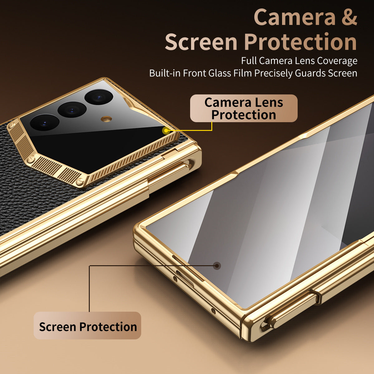 Leather Case For Galaxy Z Fold8/7/6 Ultra ¨C Golden Plating Frame, Built-In Tempered Glass Film & Pen Box