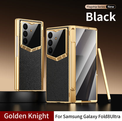 Leather Case For Galaxy Z Fold8/7/6 Ultra ¨C Golden Plating Frame, Built-In Tempered Glass Film & Pen Box