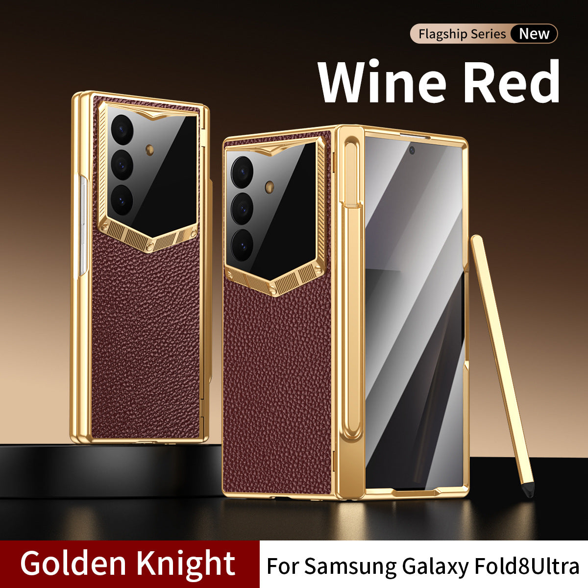 Leather Case For Galaxy Z Fold8/7/6 Ultra ¨C Golden Plating Frame, Built-In Tempered Glass Film & Pen Box