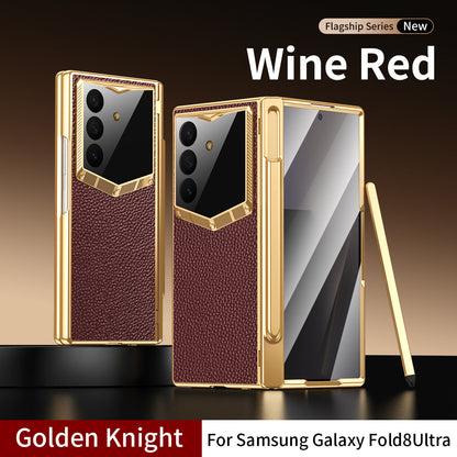Leather Case For Galaxy Z Fold8/7/6 Ultra ¨C Golden Plating Frame, Built-In Tempered Glass Film & Pen Box