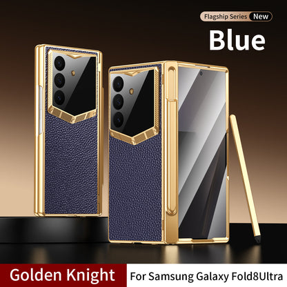 Leather Case For Galaxy Z Fold8/7/6 Ultra ¨C Golden Plating Frame, Built-In Tempered Glass Film & Pen Box