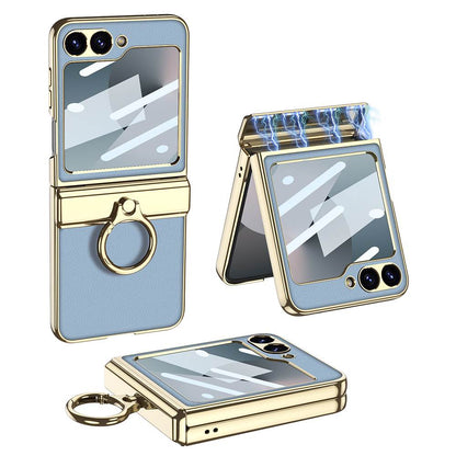 Electroplated Leather Magnetic Hinge Ring Holder Case For Galaxy Z Flip6