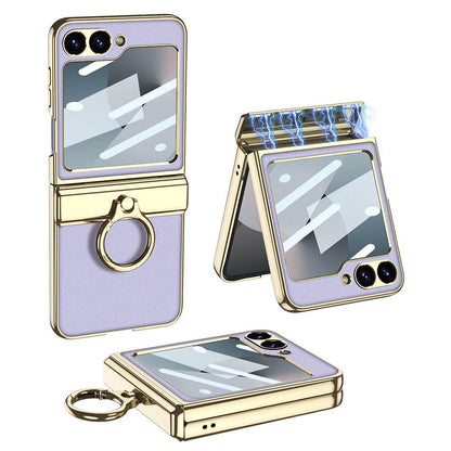 Electroplated Leather Magnetic Hinge Ring Holder Case For Galaxy Z Flip6