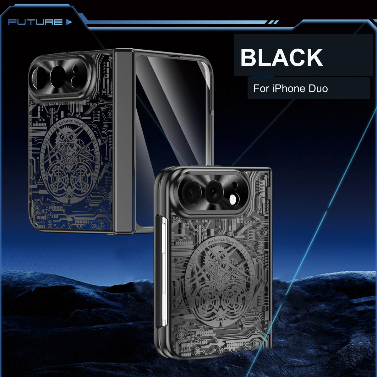 iPhone Duo | Mechanical-Pattern Case with Hinge Protection & Tempered Glass
