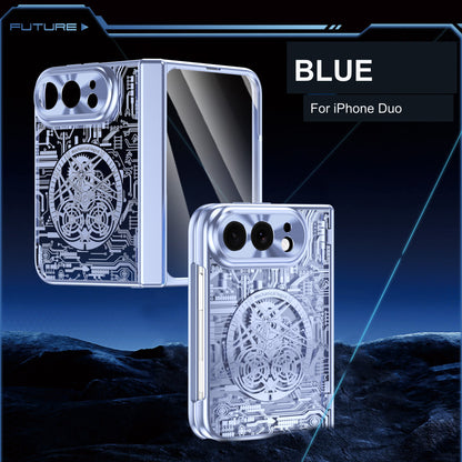 iPhone Duo | Mechanical-Pattern Case with Hinge Protection & Tempered Glass