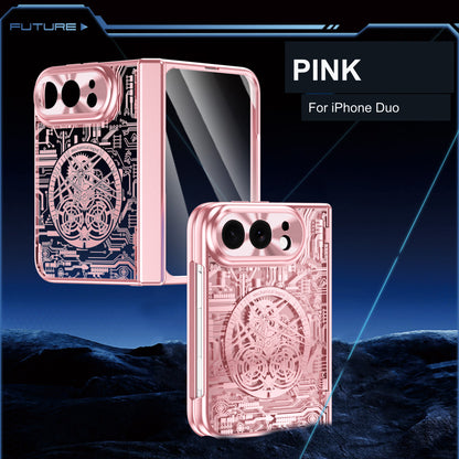iPhone Duo | Mechanical-Pattern Case with Hinge Protection & Tempered Glass