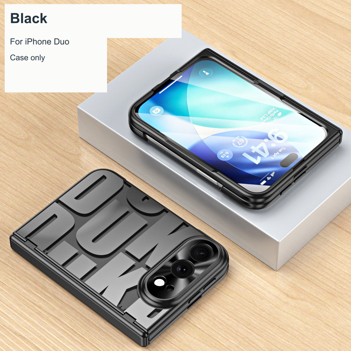 iPhone Duo | Raised-Lettering Case with Hinge Protection & Tempered Glass